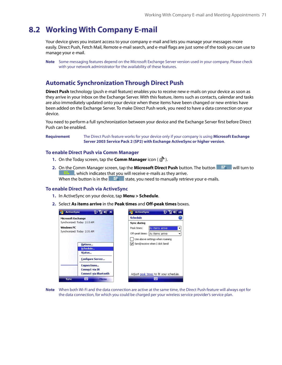 HTC PDA Phone user manual Working With Company E-mail, Automatic Synchronization Through Direct Push 