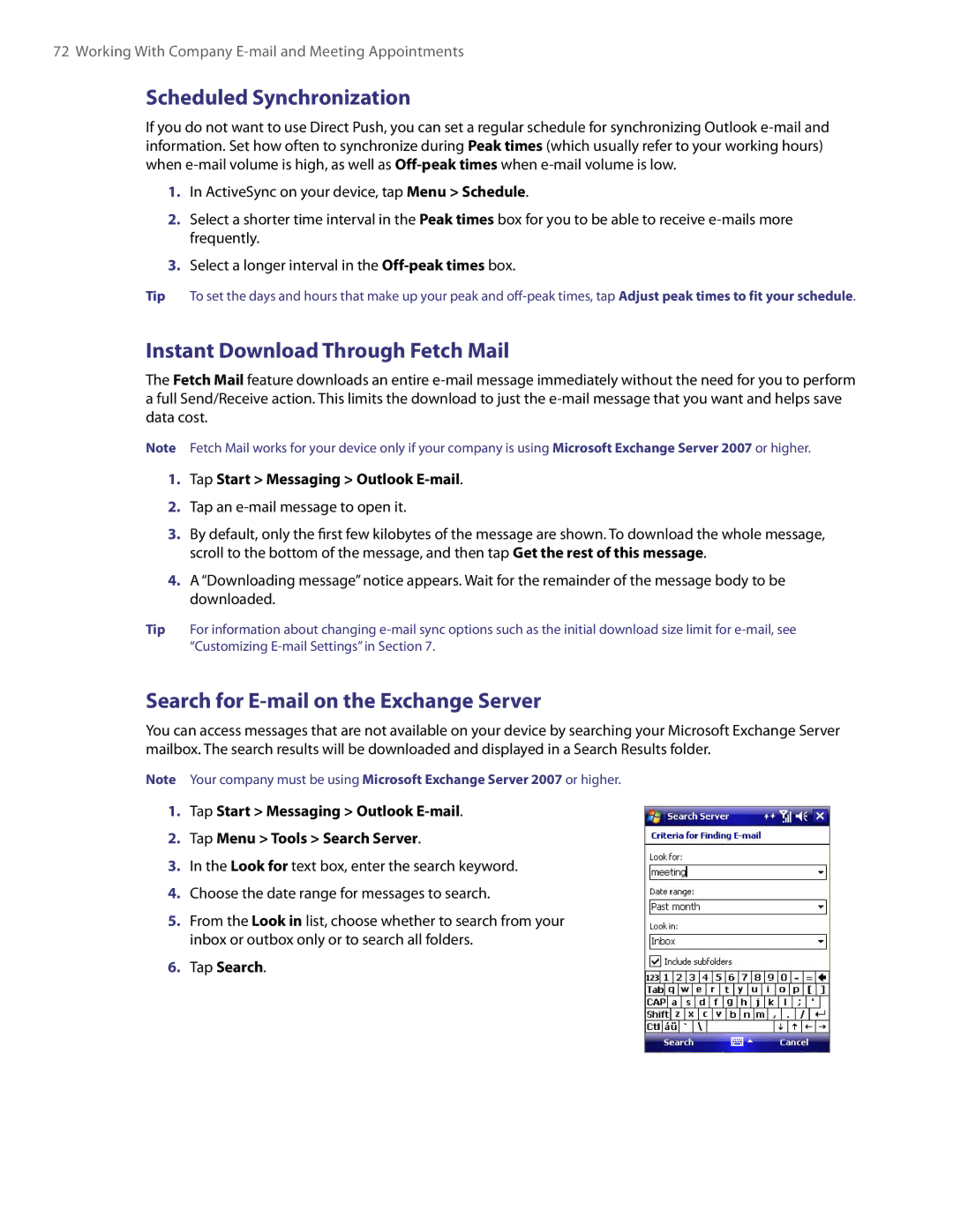 HTC PDA Phone Scheduled Synchronization, Instant Download Through Fetch Mail, Search for E-mail on the Exchange Server 