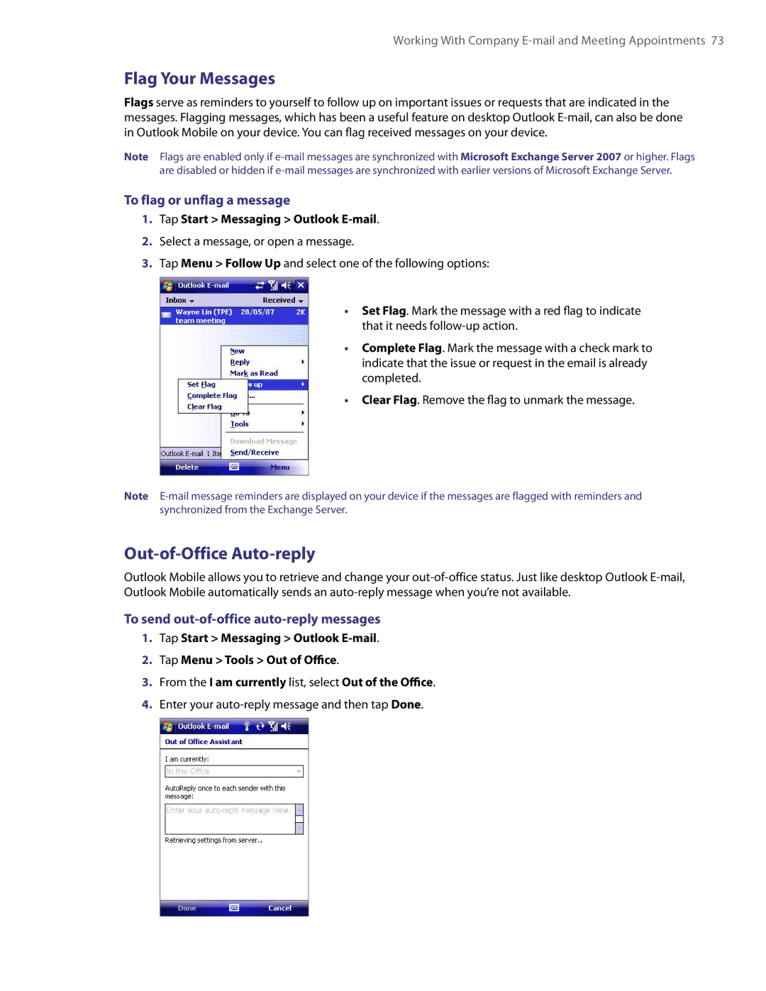 HTC PDA Phone user manual Flag Your Messages, Out-of-Office Auto-reply, To flag or unflag a message 