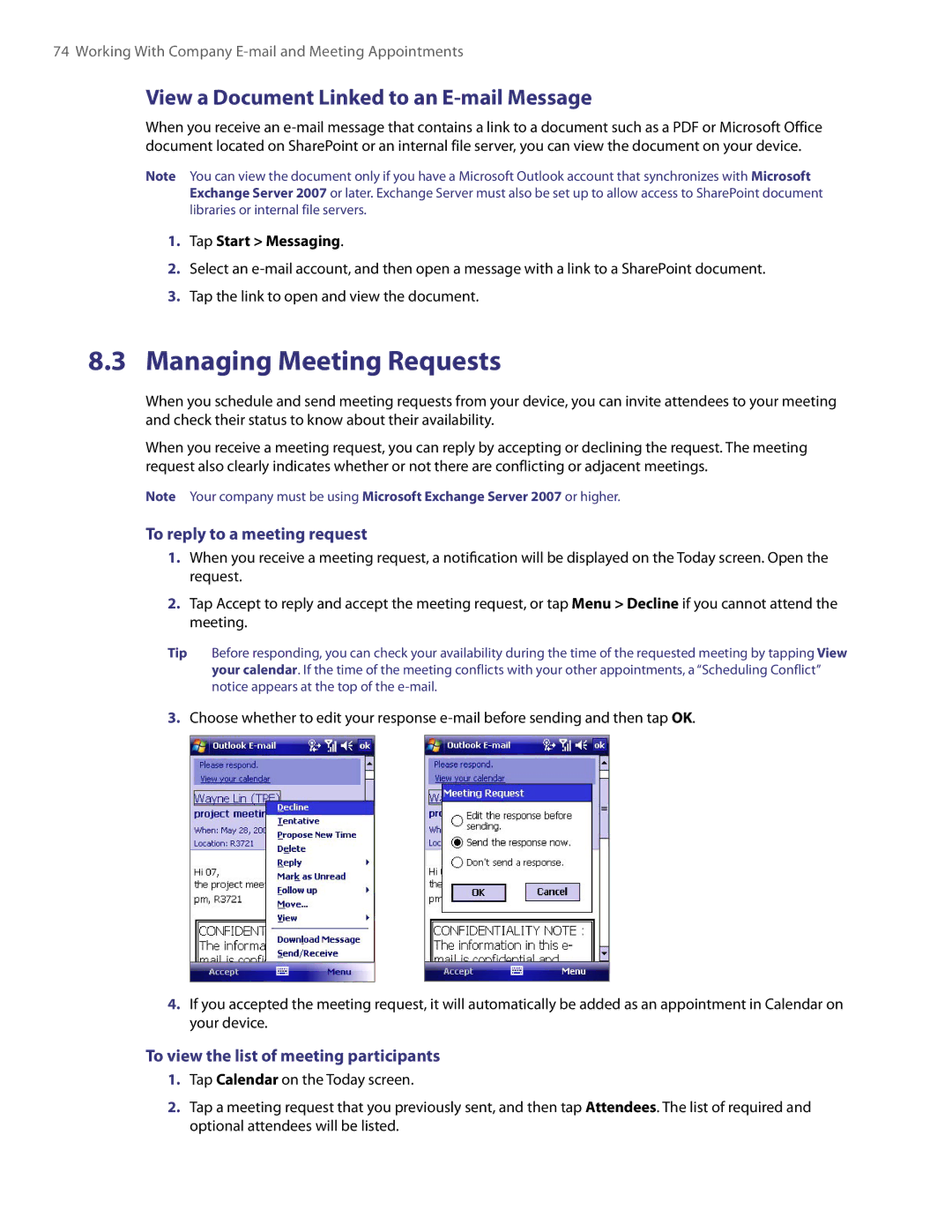 HTC PDA Phone Managing Meeting Requests, View a Document Linked to an E-mail Message, To reply to a meeting request 