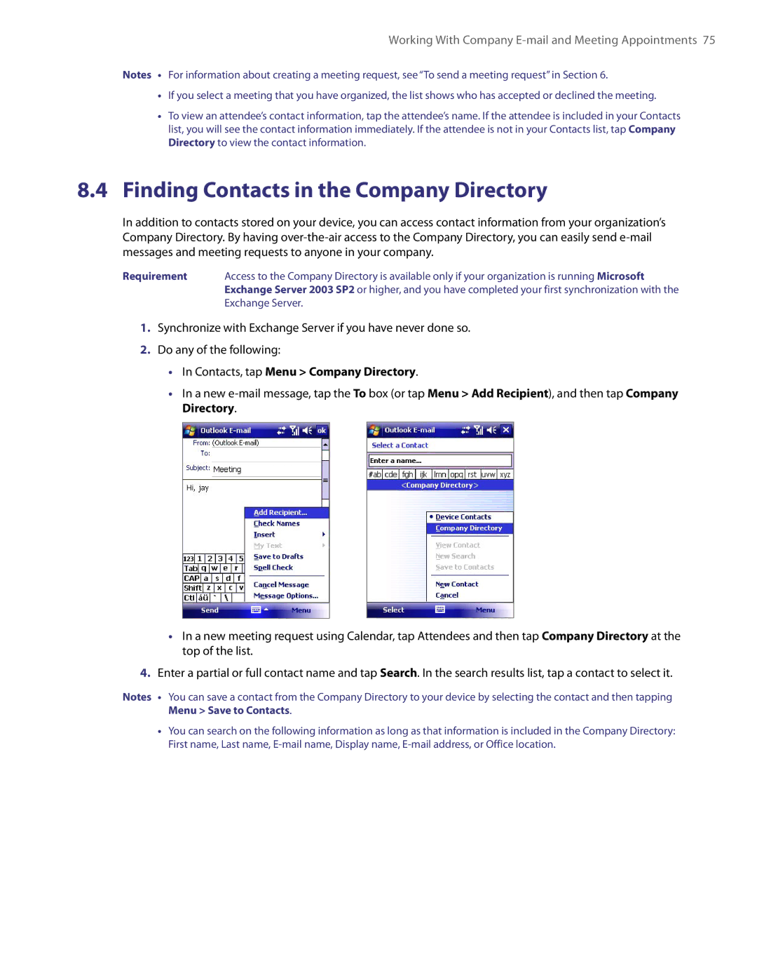 HTC PDA Phone user manual Finding Contacts in the Company Directory, Contacts, tap Menu Company Directory 