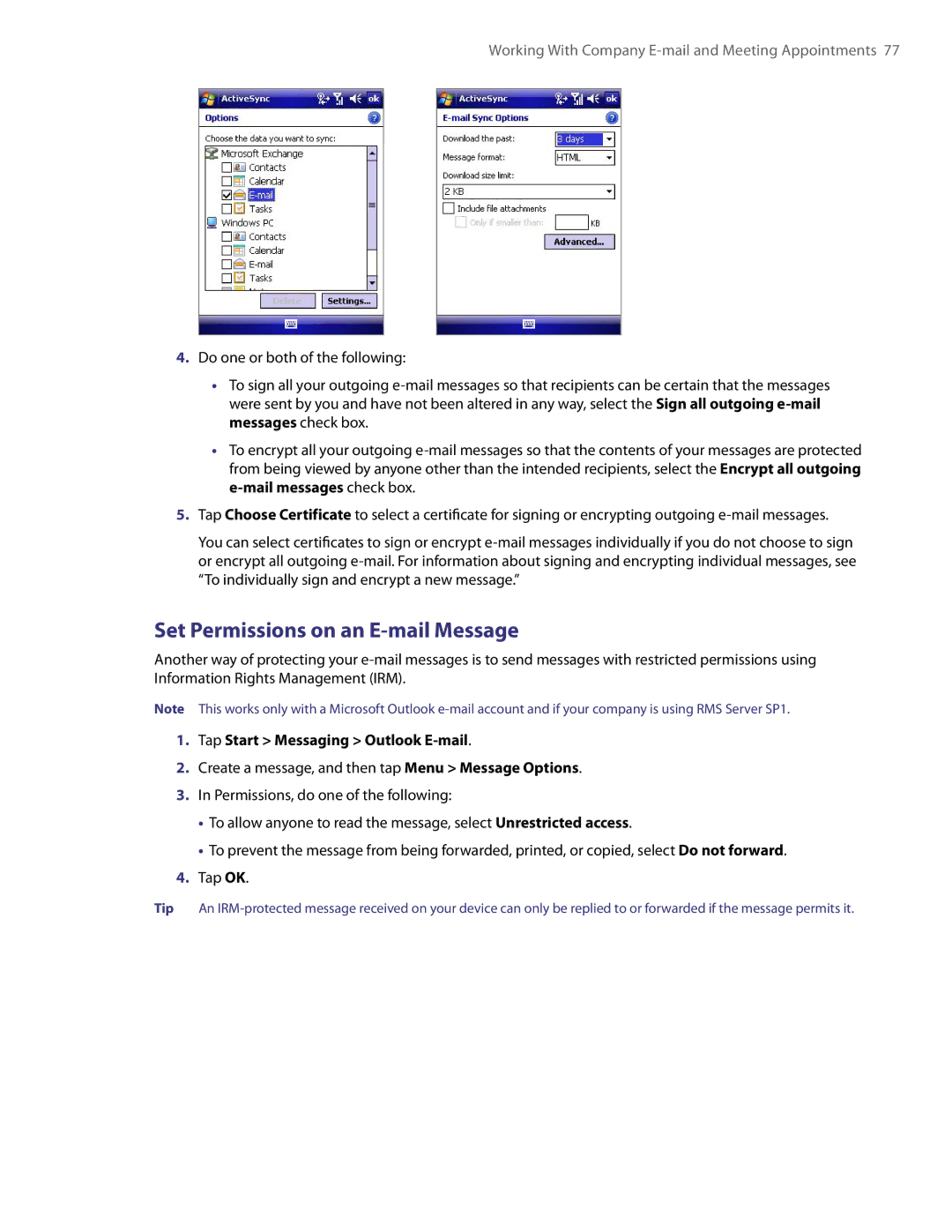 HTC PDA Phone user manual Set Permissions on an E-mail Message 