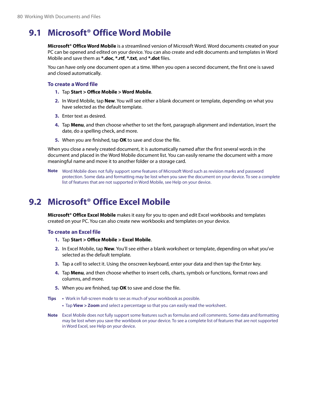 HTC PDA Phone Microsoft Office Word Mobile, Microsoft Office Excel Mobile, To create a Word file, To create an Excel file 