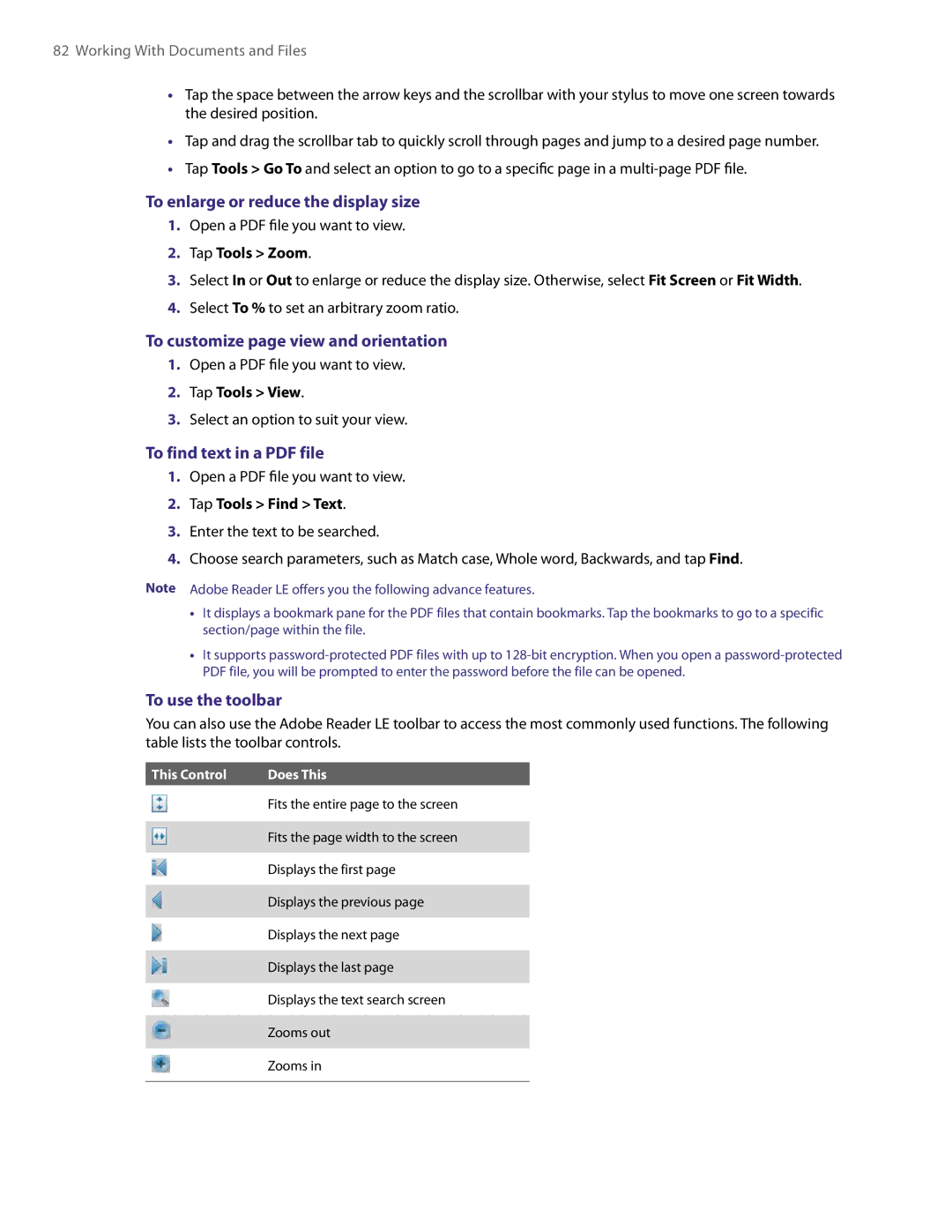 HTC PDA Phone user manual To enlarge or reduce the display size, To customize page view and orientation, To use the toolbar 