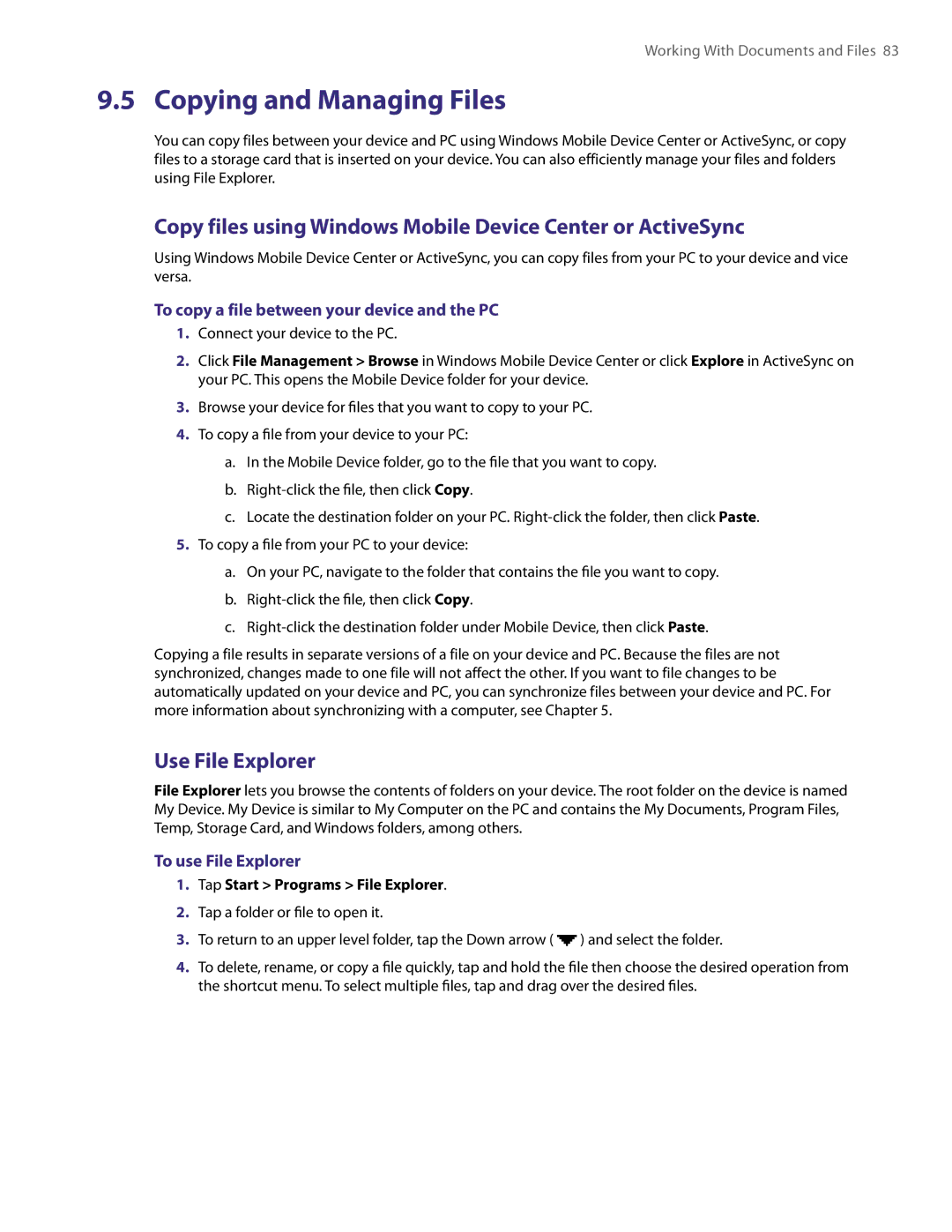 HTC PDA Phone Copying and Managing Files, Copy files using Windows Mobile Device Center or ActiveSync, Use File Explorer 