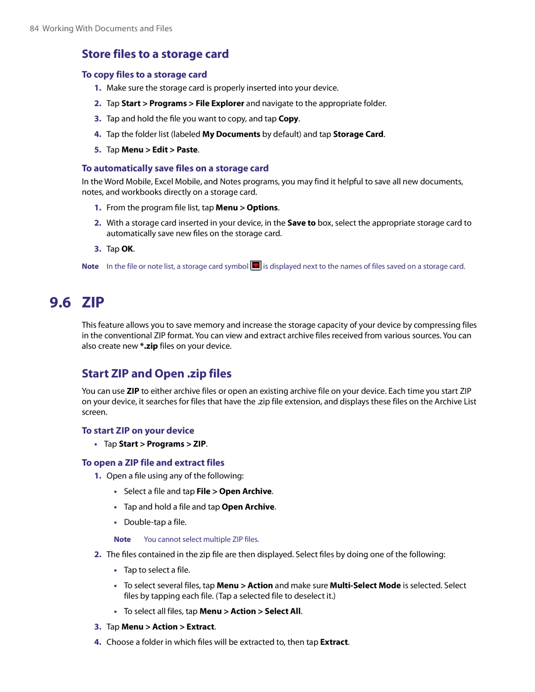 HTC PDA Phone user manual Zip, Store files to a storage card, Start ZIP and Open .zip files 