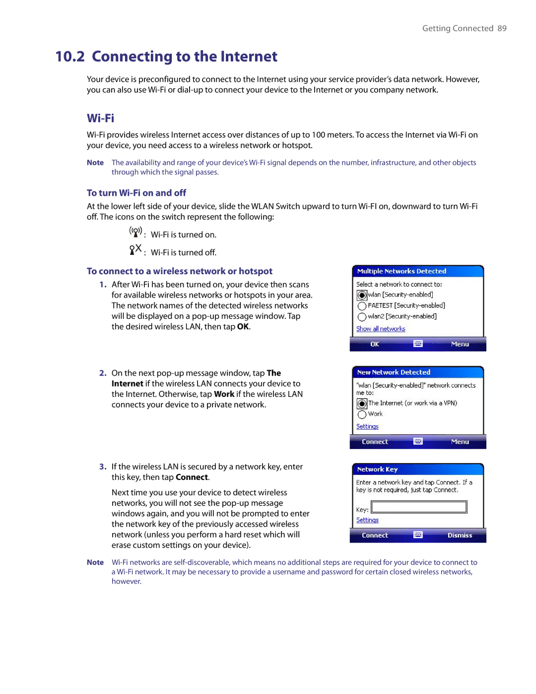 HTC PDA Phone Connecting to the Internet, To turn Wi-Fi on and off, To connect to a wireless network or hotspot 