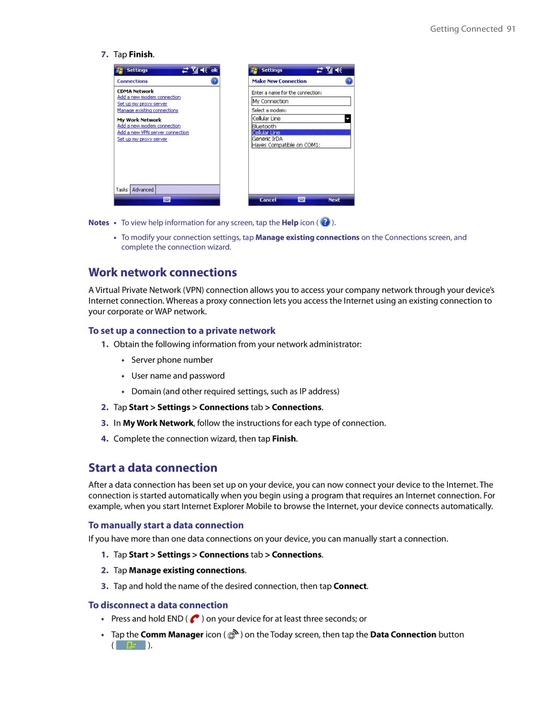 HTC PDA Phone user manual Work network connections, Start a data connection, To set up a connection to a private network 