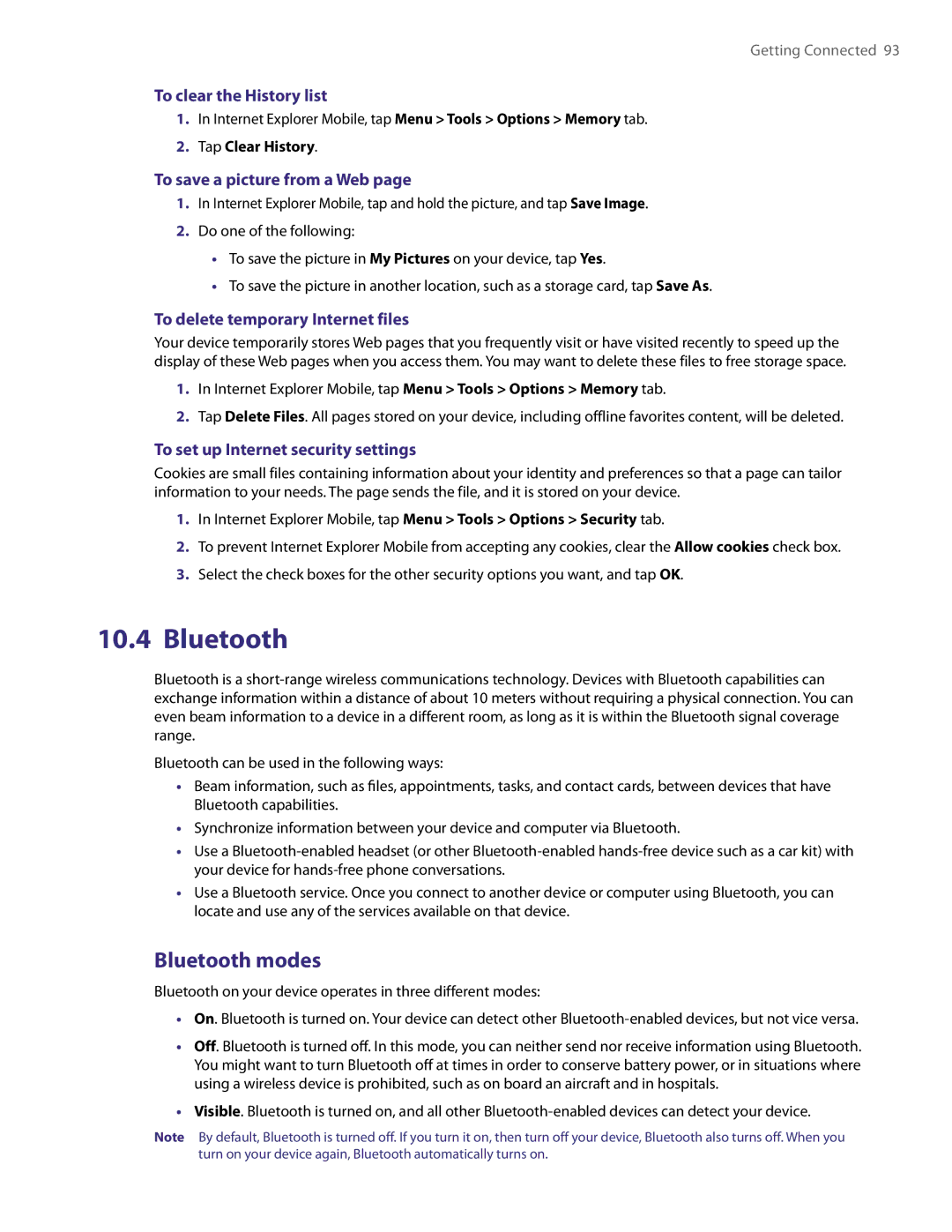 HTC PDA Phone user manual Bluetooth modes 