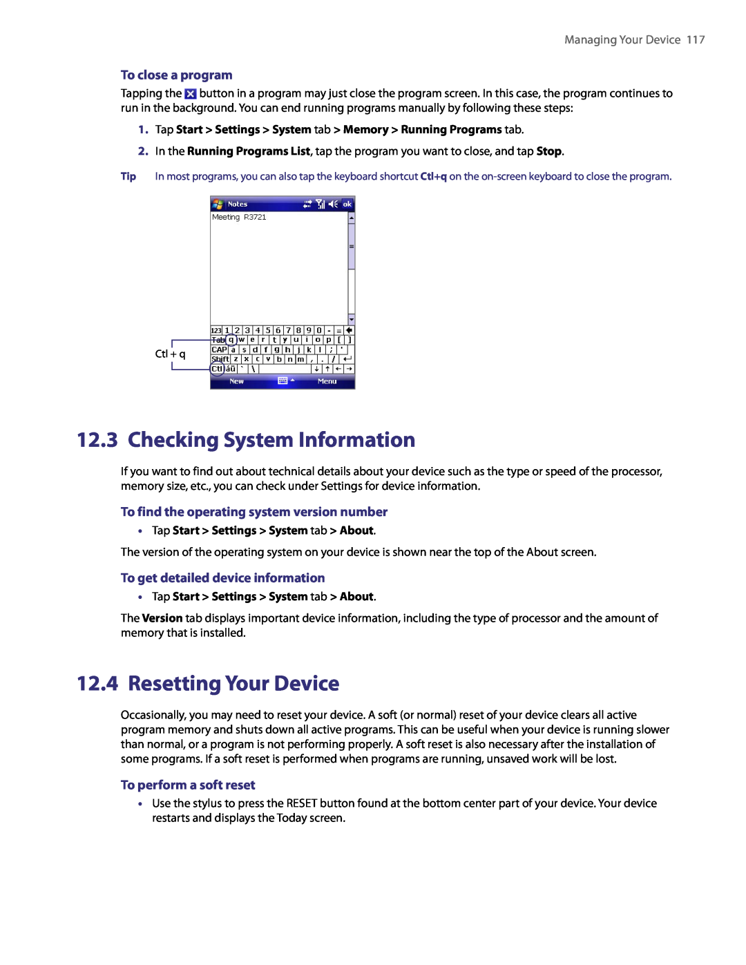 HTC PDA Phone Checking System Information, Resetting Your Device, To close a program, To get detailed device information 