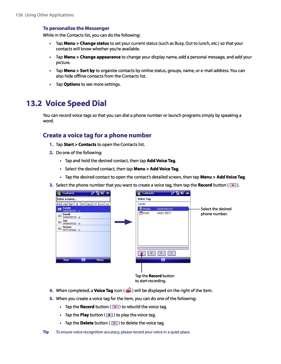 HTC PDA Phone user manual Voice Speed Dial, Create a voice tag for a phone number, To personalize the Messenger 