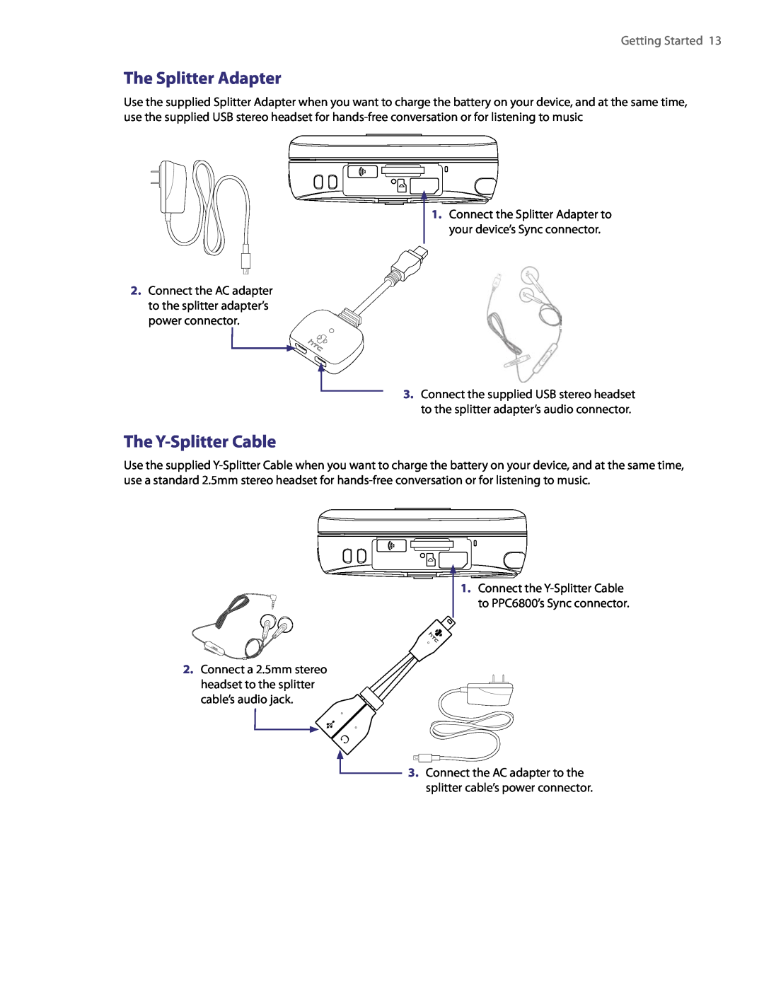 HTC PDA Phone user manual The Splitter Adapter, The Y-Splitter Cable, Getting Started 