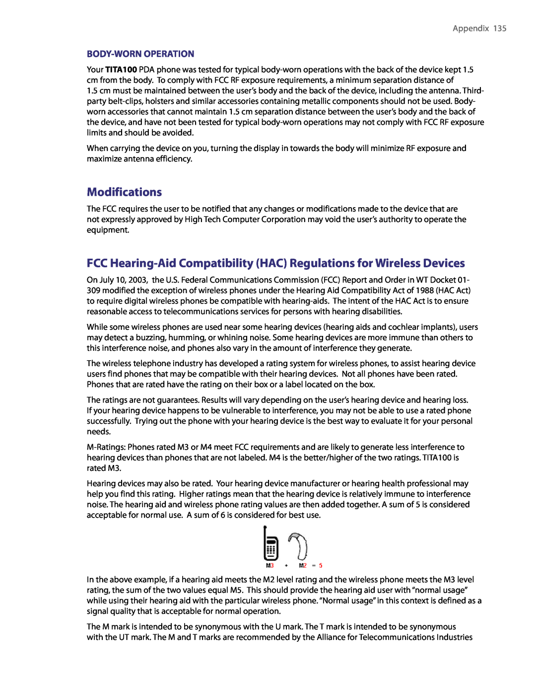 HTC PDA Phone Modifications, FCC Hearing-Aid Compatibility HAC Regulations for Wireless Devices, Body-Worn Operation 
