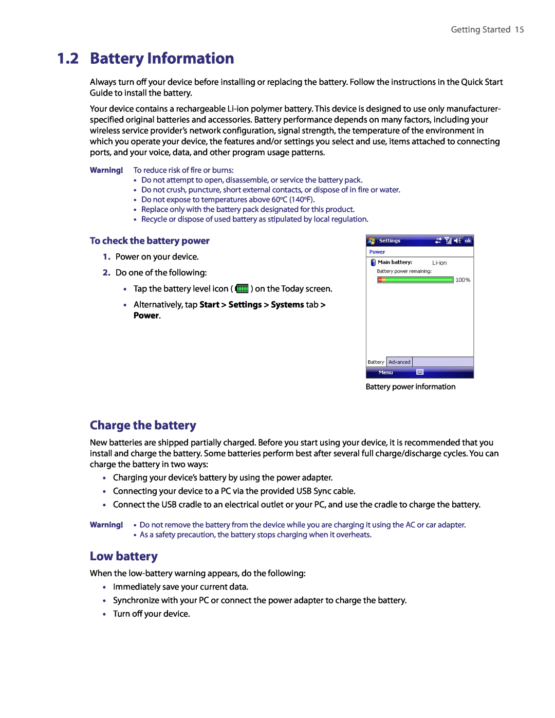 HTC PDA Phone user manual Battery Information, Charge the battery, Low battery, To check the battery power, Getting Started 
