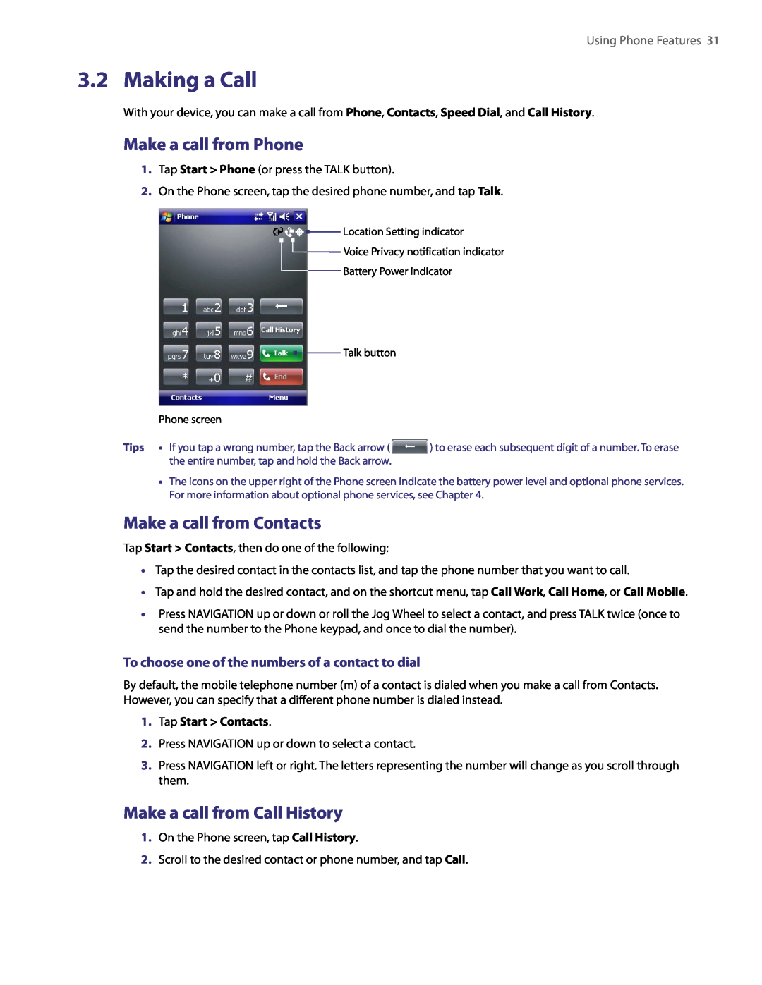 HTC PDA Phone user manual Making a Call, Make a call from Phone, Make a call from Contacts, Make a call from Call History 