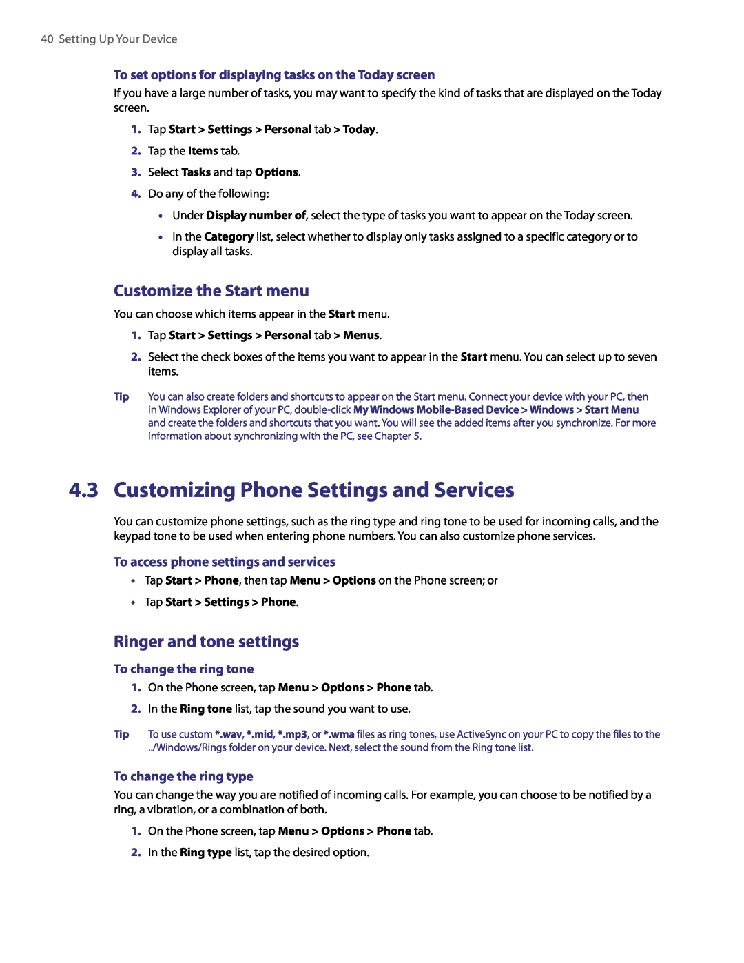 HTC PDA Phone user manual Customizing Phone Settings and Services, Customize the Start menu, Ringer and tone settings 