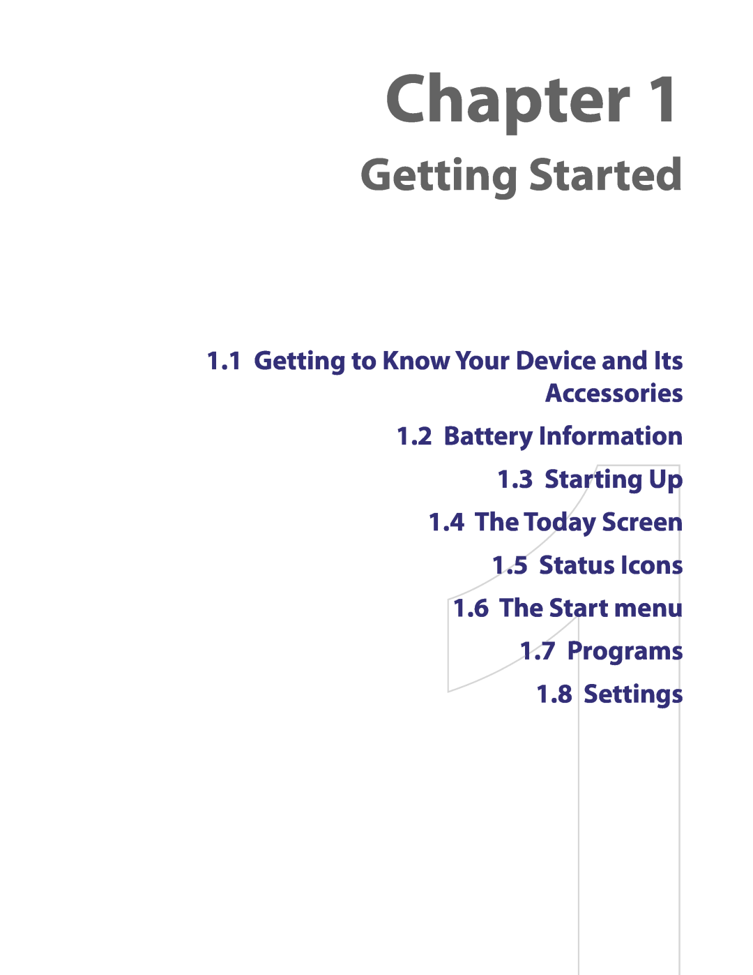HTC PDA Phone user manual Chapter, Getting Started, Battery Information 1.3 Starting Up 1.4 The Today Screen 