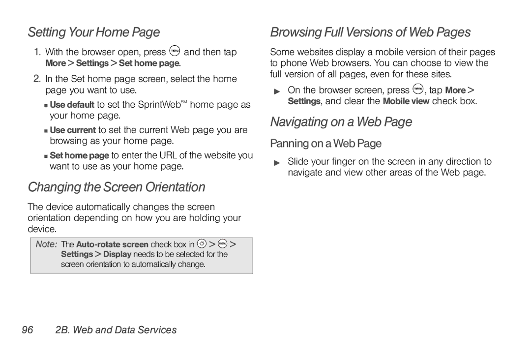 HTC PG06100, EVO Shift 4G Setting Your Home, Browsing Full Versions of Web Pages, Navigating on a Web, Panning on a Web 