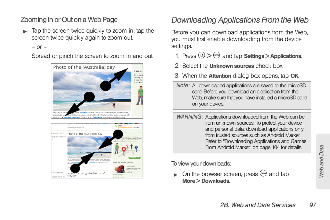 HTC EVO Shift 4G, PG06100 manual Zooming In or Out on a Web, To view your downloads 