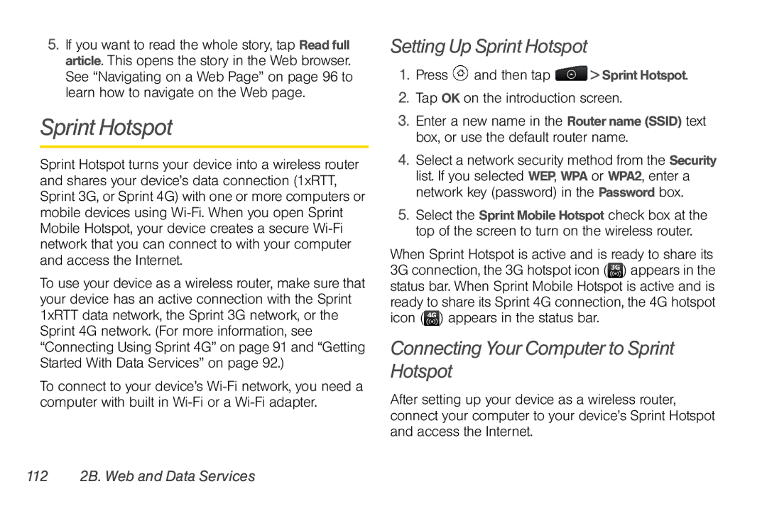 HTC PG06100 manual Setting Up Sprint Hotspot, Connecting Your Computer to Sprint Hotspot, 112 2B. Web and Data Services 