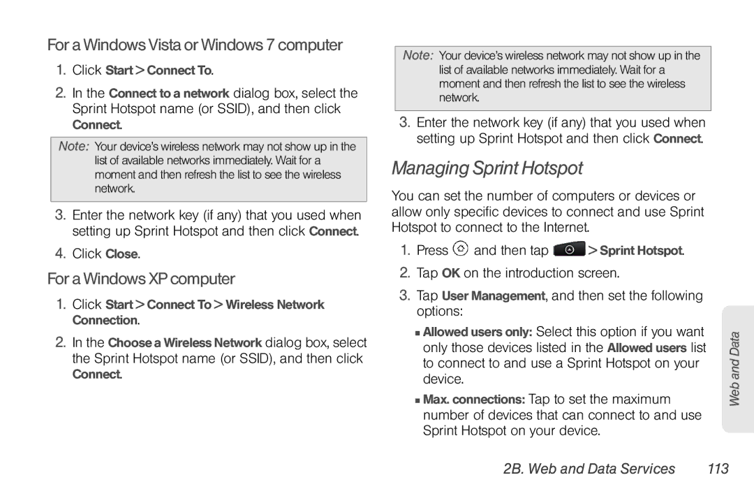 HTC EVO Shift 4G, PG06100 Managing Sprint Hotspot, For a Windows Vista or Windows 7 computer, For a Windows XP computer 