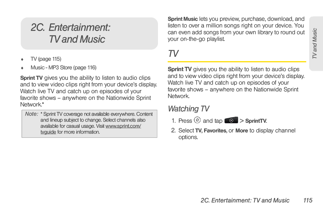 HTC EVO Shift 4G, PG06100 manual Watching TV, 2C. Entertainment TV and Music 115 