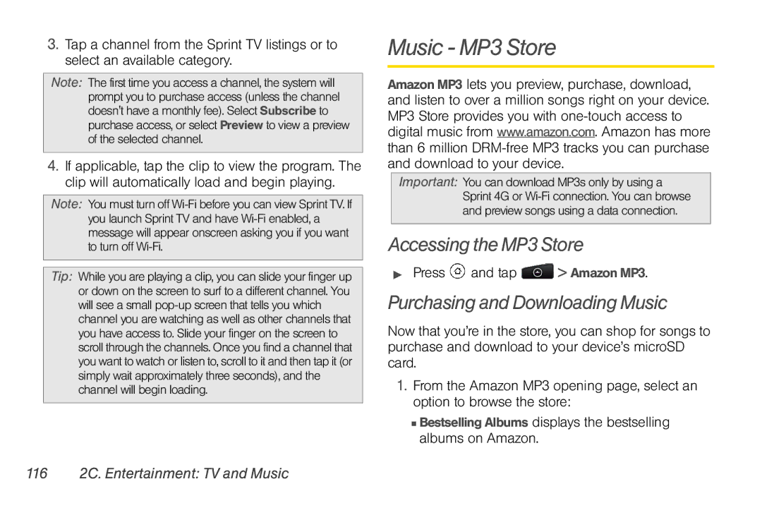 HTC PG06100 manual Music MP3 Store, Accessing the MP3 Store, Purchasing and Downloading Music,  Press and tap Amazon MP3 