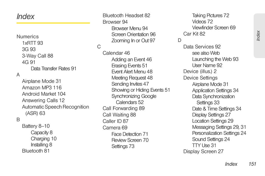 HTC EVO Shift 4G, PG06100 manual Index, Numerics 1xRTT 93 3G 