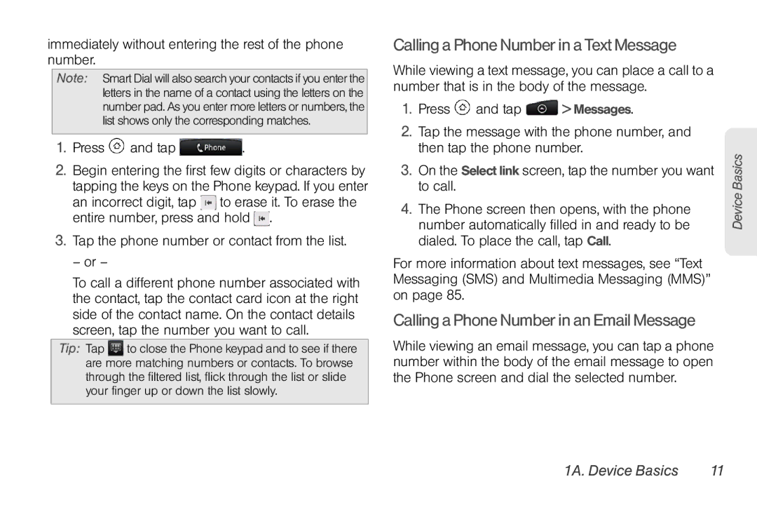 HTC EVO Shift 4G, PG06100 manual Calling a Phone Number in a Text Message, Calling a Phone Number in an Email Message 