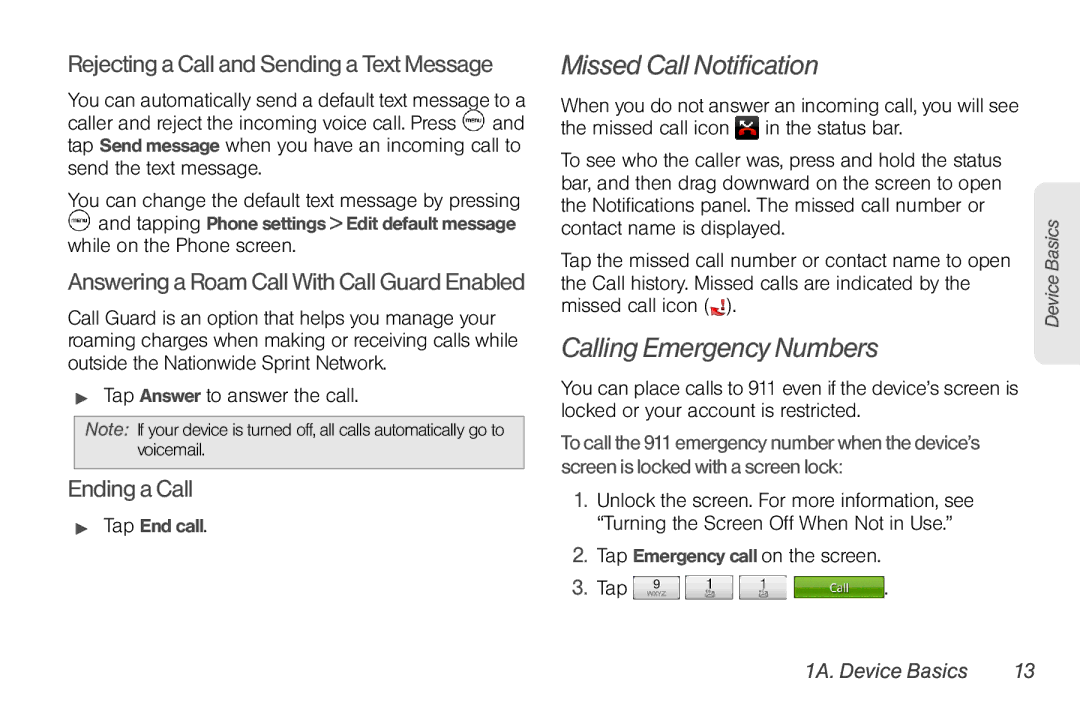 HTC EVO Shift 4G, PG06100 manual Missed Call Notification, Calling Emergency Numbers, Ending a Call 