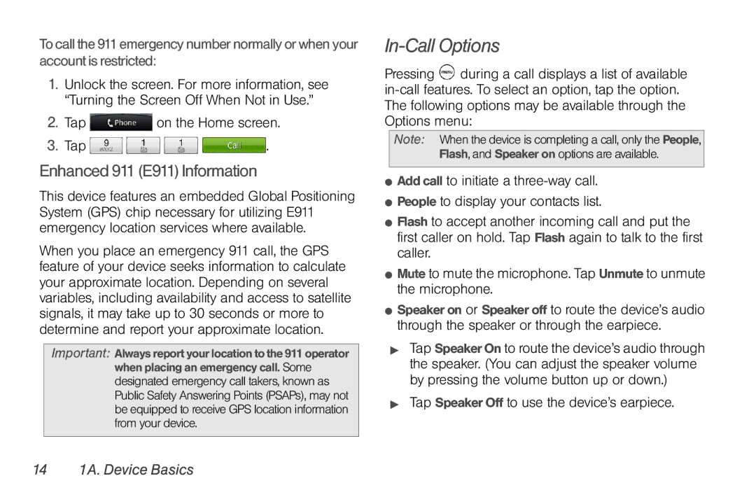 HTC PG06100, EVO Shift 4G In-Call Options, Enhanced 911 E911 Information, Tap on the Home screen, 14 1A. Device Basics 