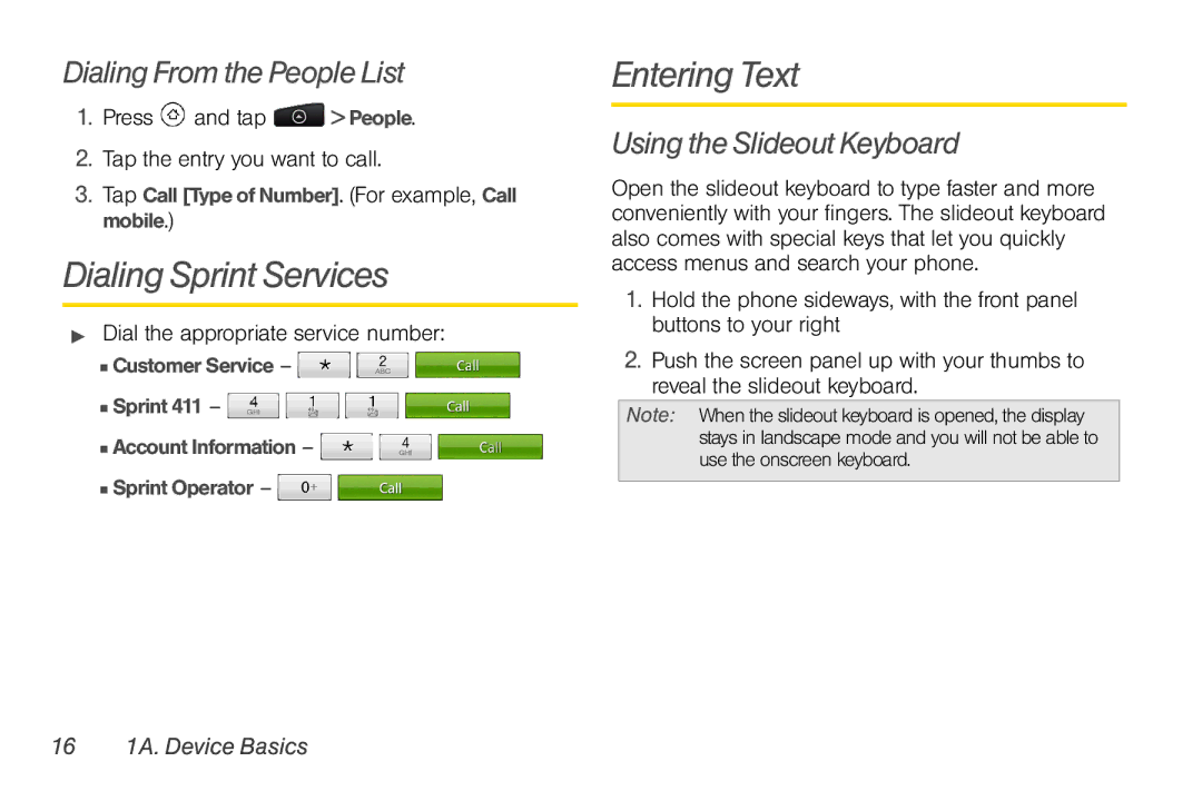 HTC PG06100 manual Dialing Sprint Services, Entering Text, Dialing From the People List, Using the Slideout Keyboard 