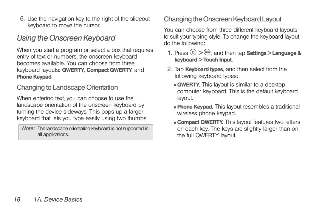 HTC PG06100 manual Using the Onscreen Keyboard, Changing to Landscape Orientation, Changing the Onscreen Keyboard Layout 