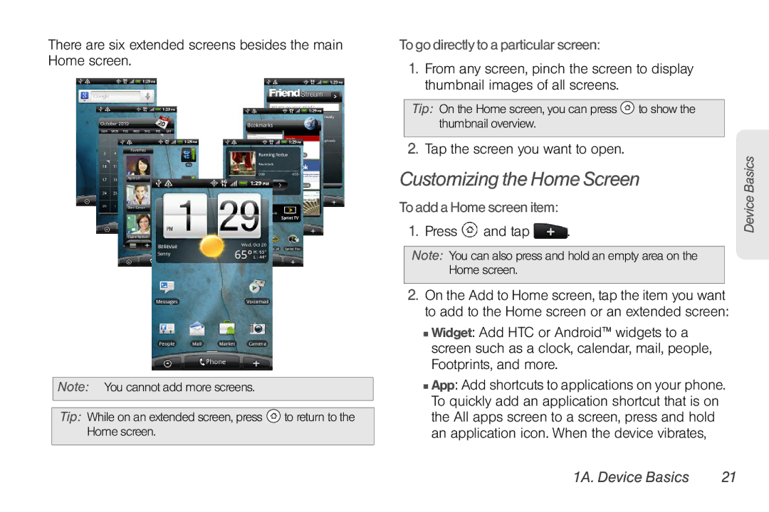 HTC EVO Shift 4G, PG06100 manual Customizing the Home Screen, There are six extended screens besides the main Home screen 