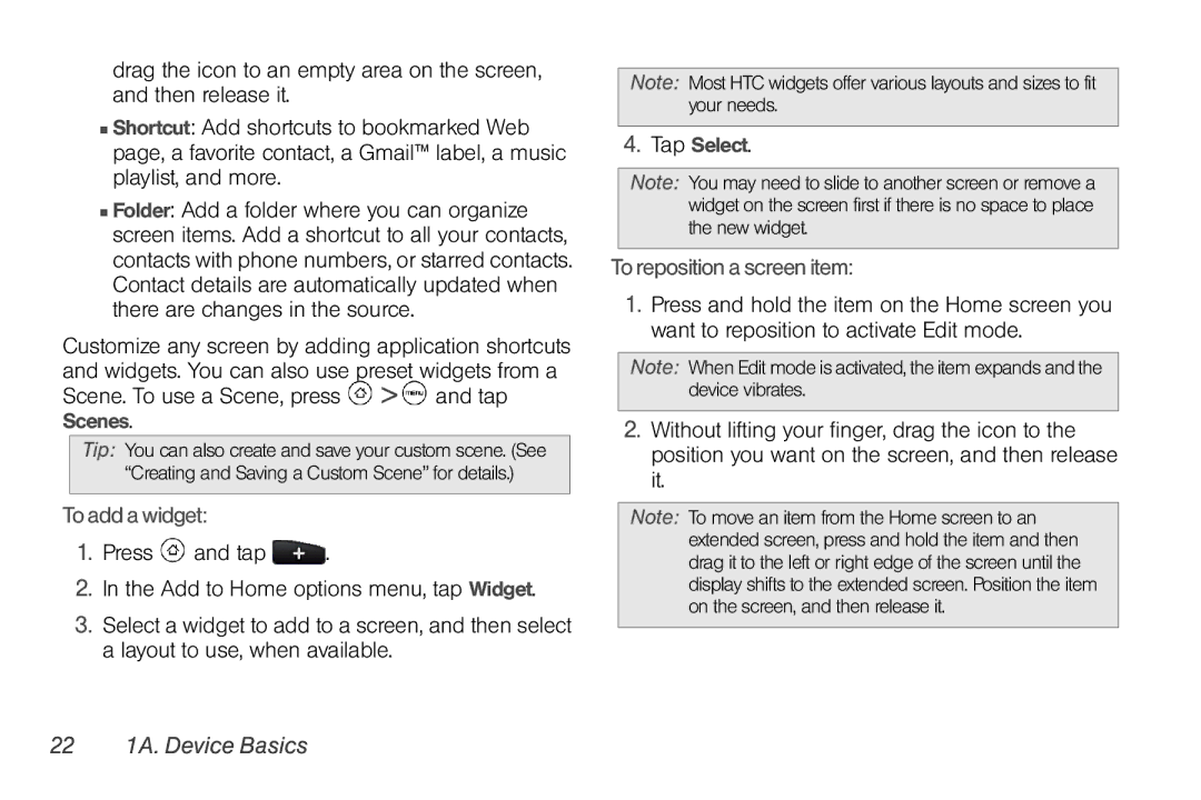 HTC PG06100, EVO Shift 4G manual To add a widget, To reposition a screen item, 22 1A. Device Basics 