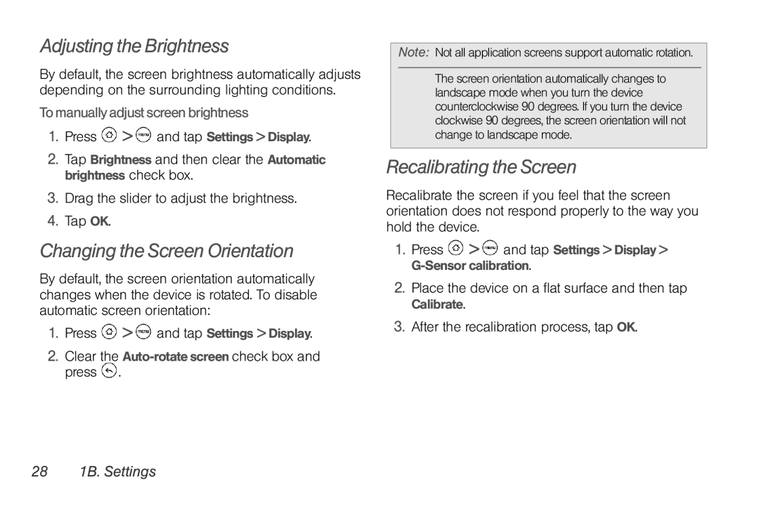 HTC PG06100 manual Adjusting the Brightness, Changing the Screen Orientation, Recalibrating the Screen, 28 1B. Settings 