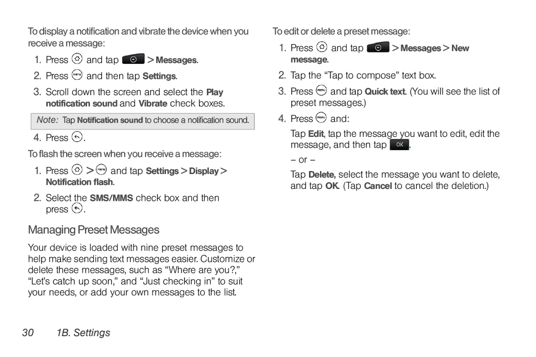 HTC PG06100 Managing Preset Messages, To flash the screen when you receive a message, To edit or delete a preset message 