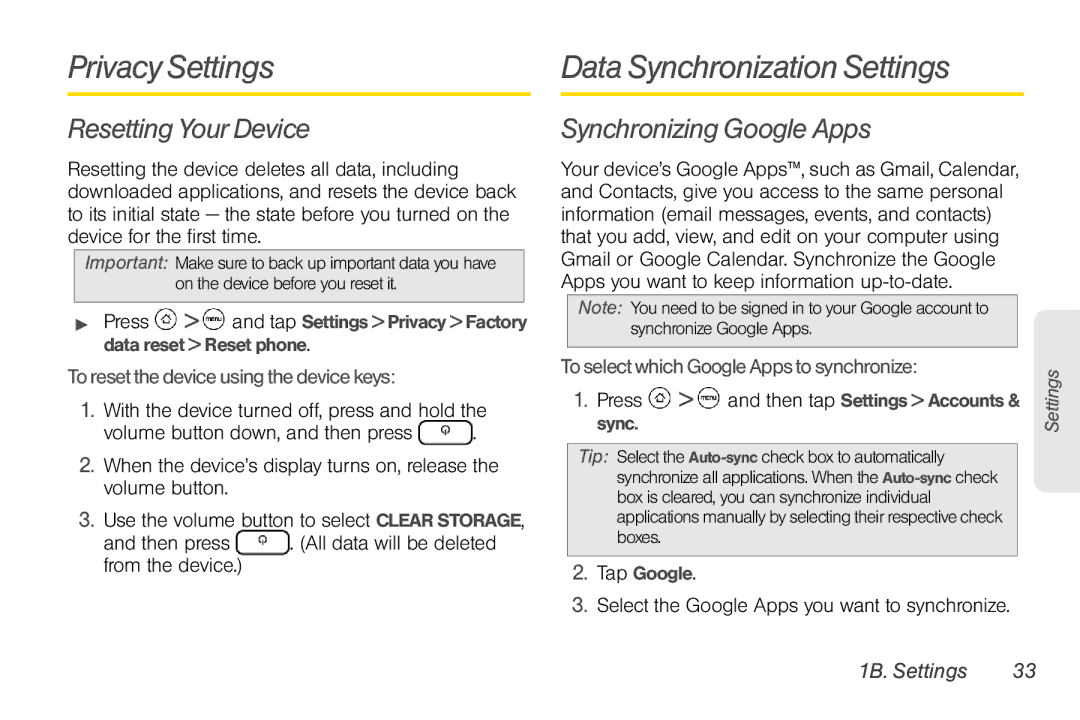 HTC EVO Shift 4G, PG06100 Privacy Settings Data Synchronization Settings, Resetting Your Device, Synchronizing Google Apps 