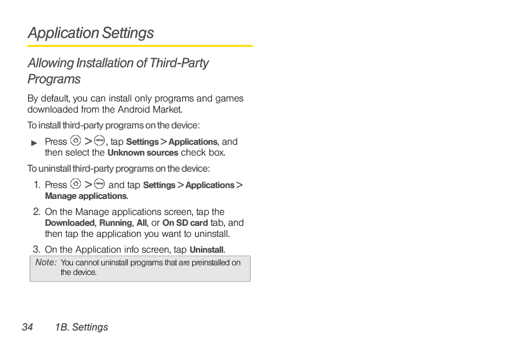 HTC PG06100, EVO Shift 4G manual Application Settings, Allowing Installation of Third-Party Programs, 34 1B. Settings 