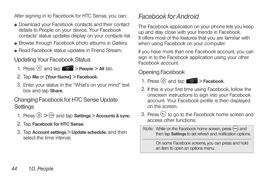 HTC PG06100 manual Facebook for Android, Updating Your Facebook Status, Changing Facebook for HTC Sense Update Settings 