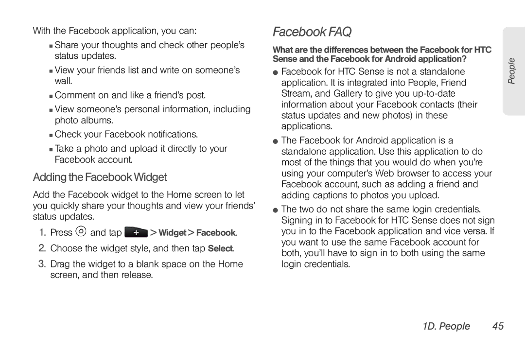 HTC EVO Shift 4G, PG06100 manual Facebook FAQ, Adding the Facebook Widget 