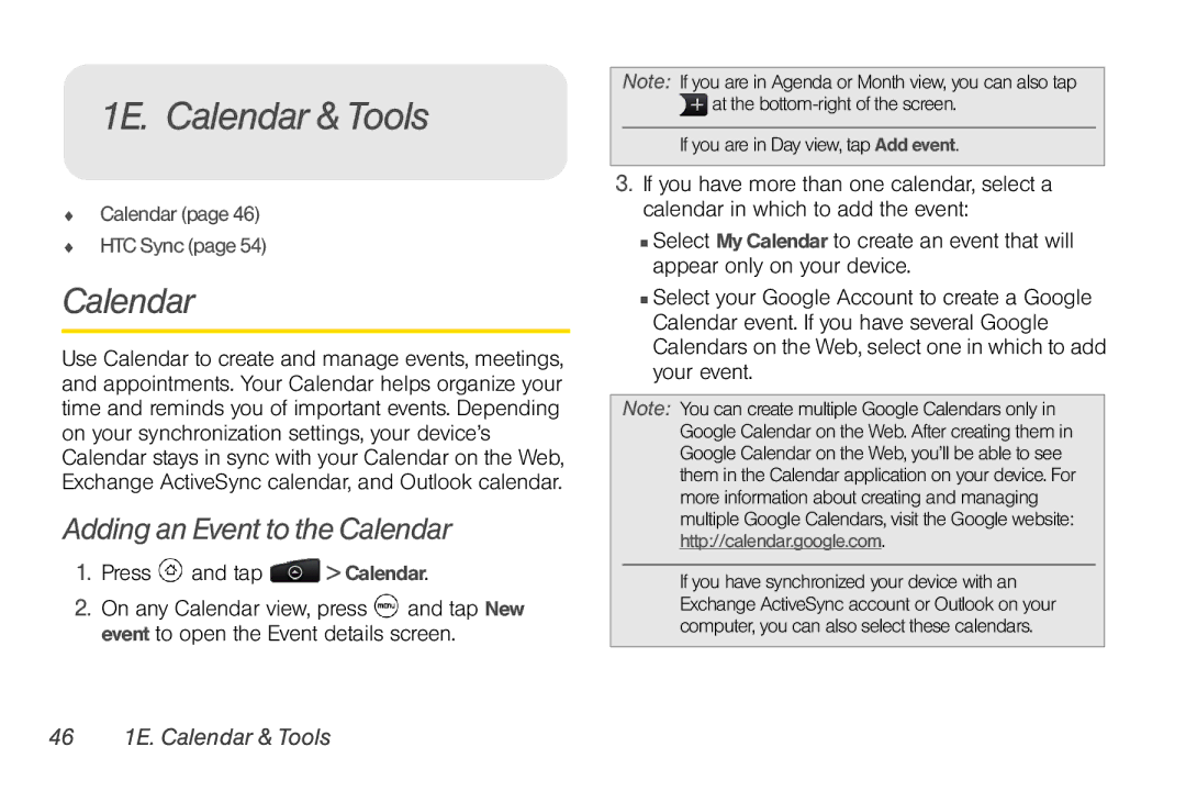 HTC PG06100, EVO Shift 4G manual Adding an Event to the Calendar, 46 1E. Calendar & Tools 