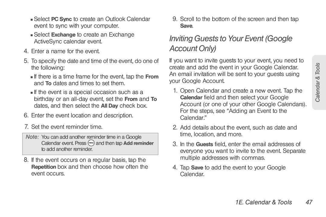 HTC EVO Shift 4G, PG06100 manual Inviting Guests to Your Event Google Account Only, 1E. Calendar & Tools 