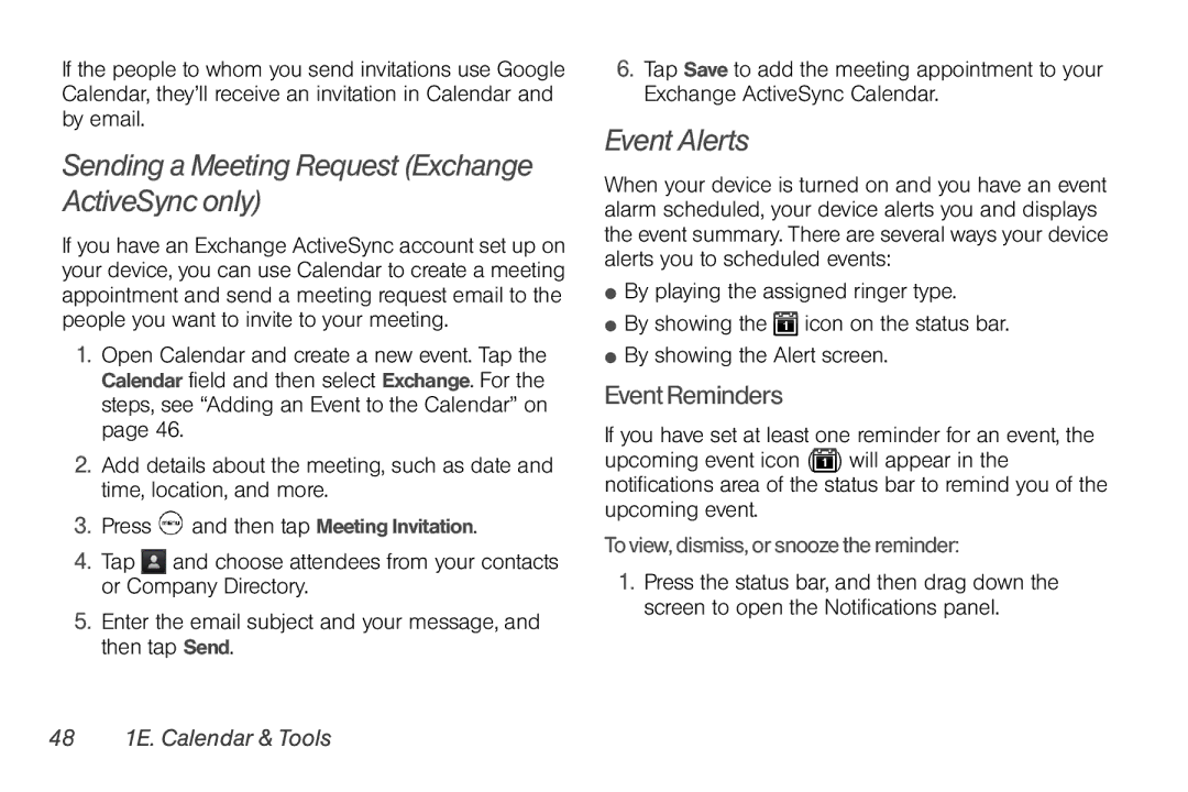 HTC PG06100 Sending a Meeting Request Exchange ActiveSync only, Event Alerts, Event Reminders, 48 1E. Calendar & Tools 