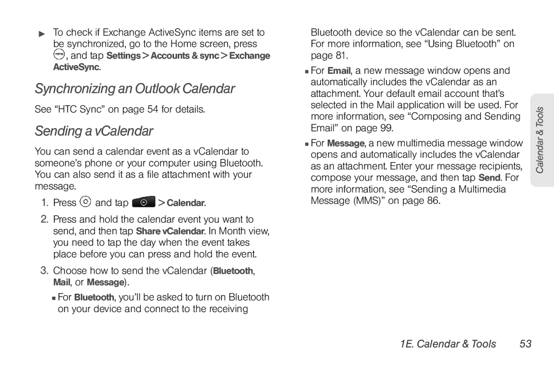 HTC EVO Shift 4G, PG06100 manual Synchronizing an Outlook Calendar, Sending a vCalendar, See HTC Sync on page 54 for details 