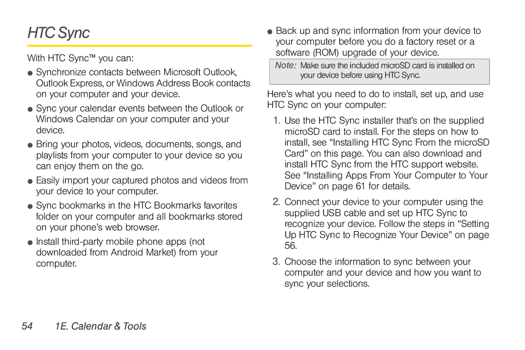 HTC PG06100, EVO Shift 4G manual With HTC Sync you can, 54 1E. Calendar & Tools 
