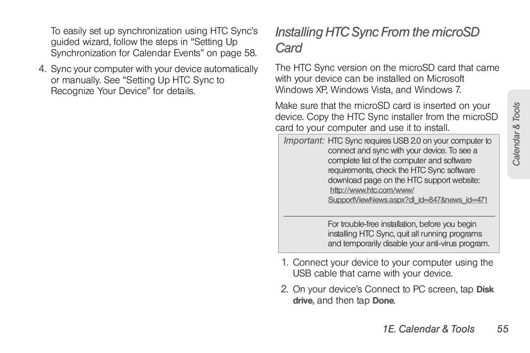 HTC EVO Shift 4G, PG06100 manual Installing HTC Sync From the microSD Card, SupportViewNews.aspx?dlid=847&newsid=471 