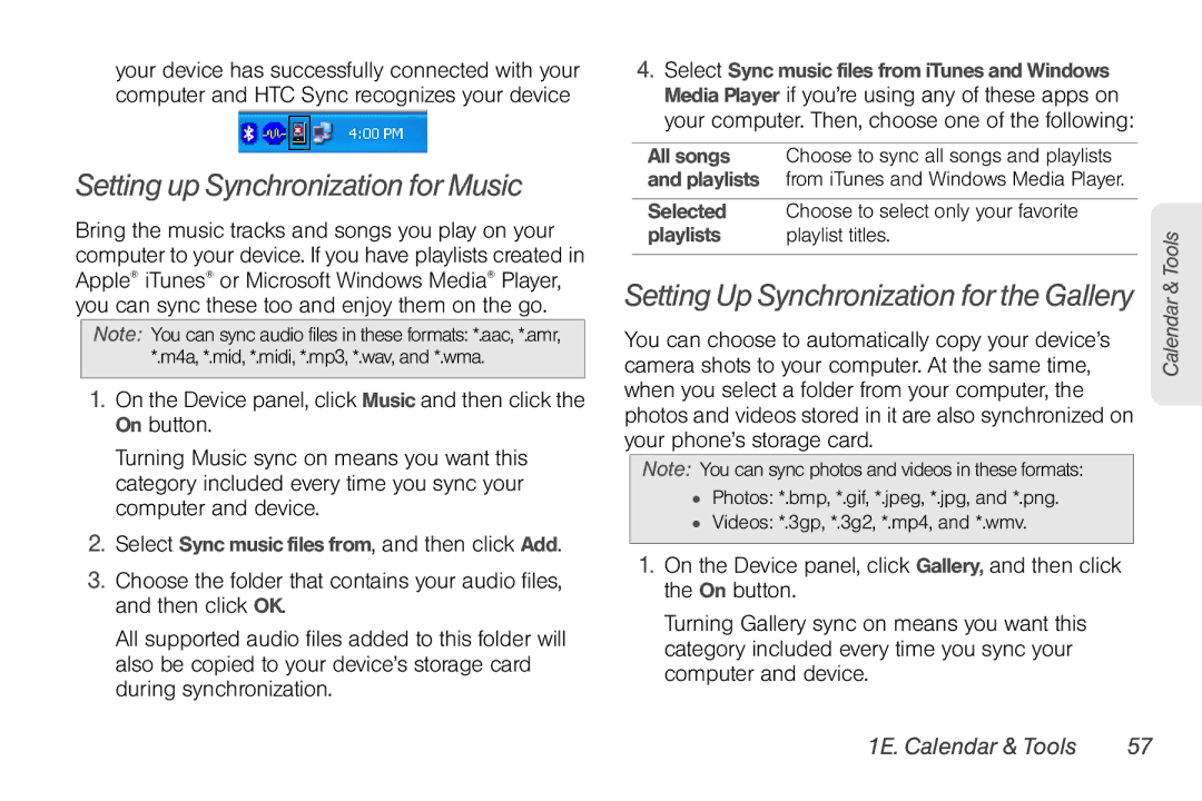 HTC EVO Shift 4G, PG06100 manual Setting up Synchronization for Music, Setting Up Synchronization for the Gallery 