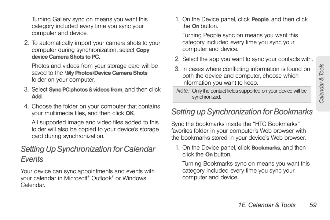 HTC EVO Shift 4G, PG06100 manual Setting up Synchronization for Bookmarks 