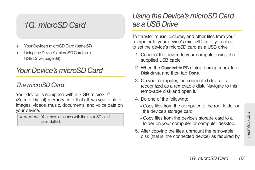 HTC EVO Shift 4G, PG06100 1G. microSD Card, Your Device’s microSD Card, Using the Device’s microSD Card as a USB Drive 